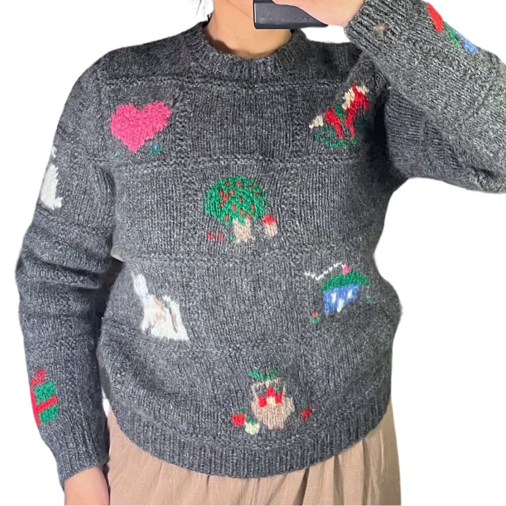 Gray Wool Women's Sweater with Colorful Patterns